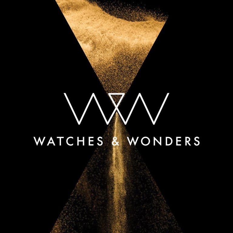 Logo von "Watches & Wonders" mit goldener Sanduhr-Design.