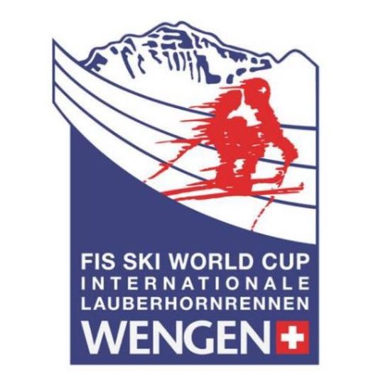 Logo der FIS Ski-Weltmeisterschaft in Wengen mit Skifahrer und Berg im Hintergrund.