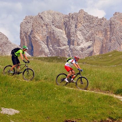 Zwei Mountainbiker fahren durch grüne Wiesen vor einer Bergkulisse.