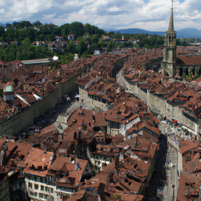 Blick von oben auf die Altstadt mit roten Dächern und einem Kirchturm in Bern.